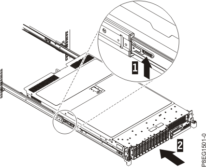Lift the release latches and push the server into the rack (server shown; management enclosure similar)